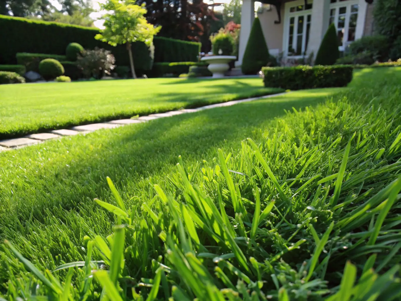 A close-up shot of a perfectly manicured lawn with vibrant green grass, showcasing the precision and care taken by Sakuralandscapingco.com.