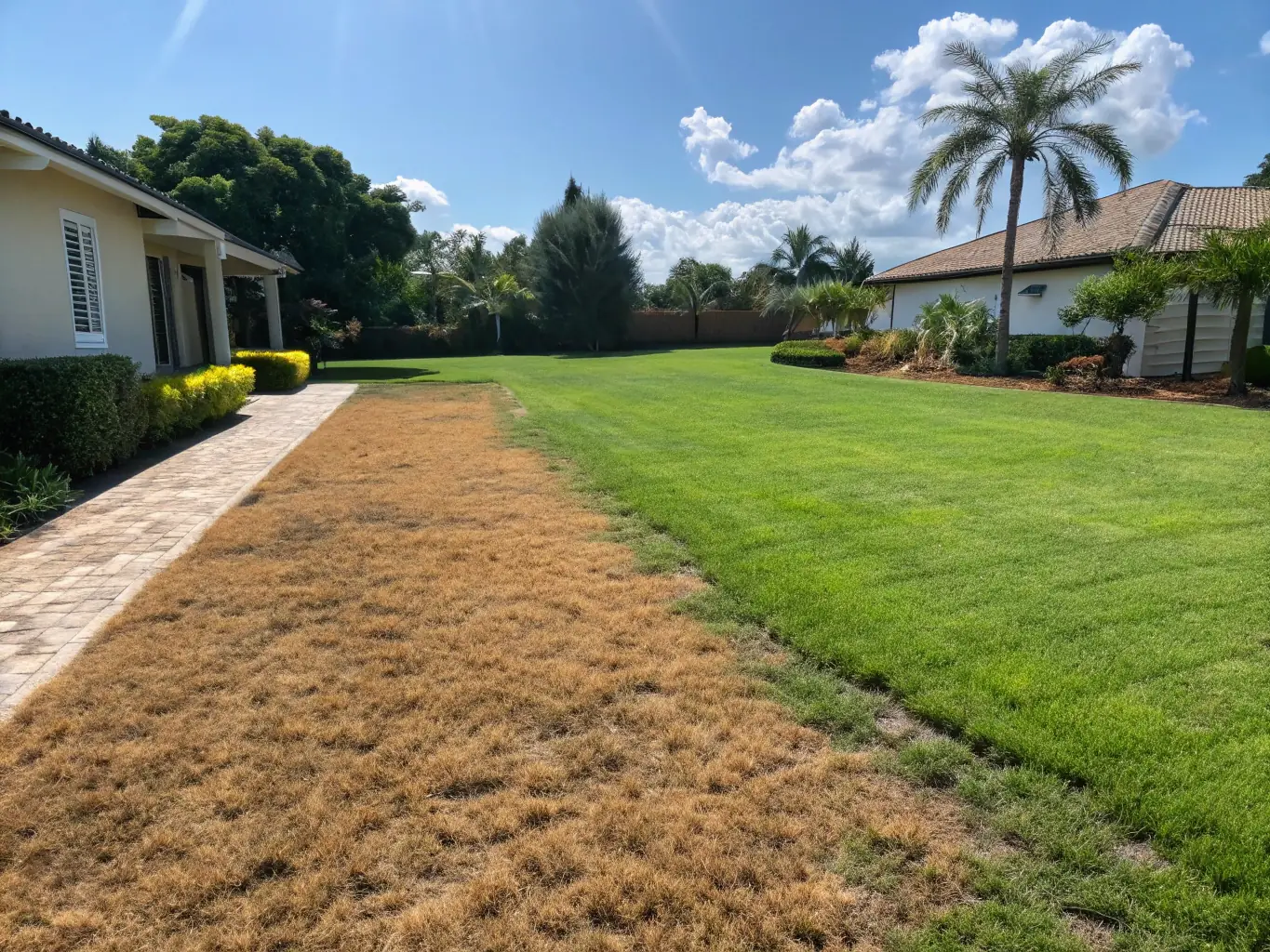 A before-and-after photo showcasing a lawn transformed by Sakuralandscapingco.com, highlighting the dramatic improvement in appearance and health.