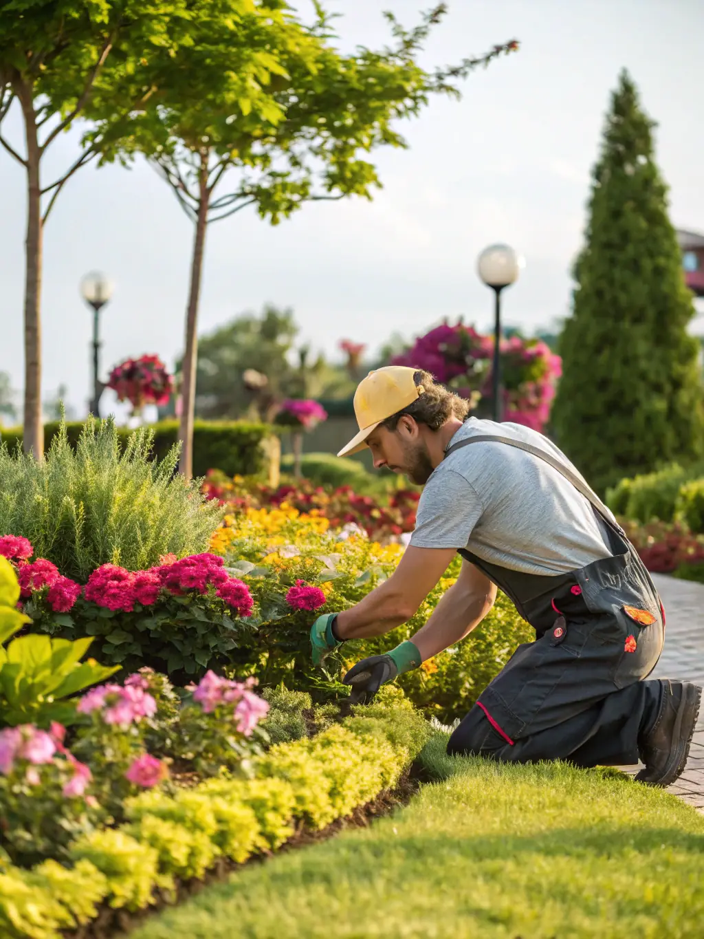 A landscaper planting colorful flowers and shrubs in a well-designed garden bed. The location is a backyard in Rowland Heights, California.
