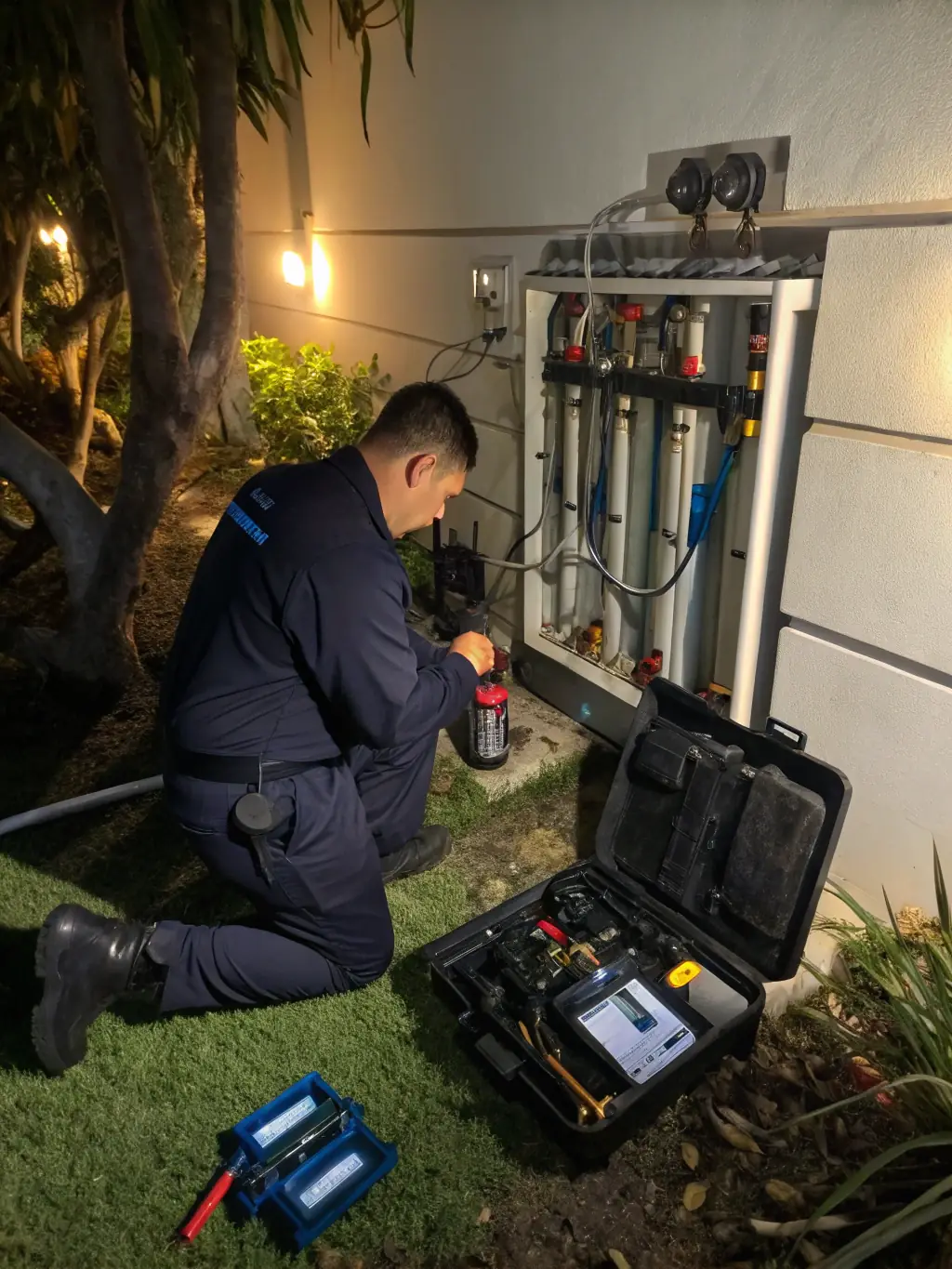 A technician adjusting an irrigation system with a neatly trimmed hedge in the background. The scene is set in a commercial property in Walnut, California.