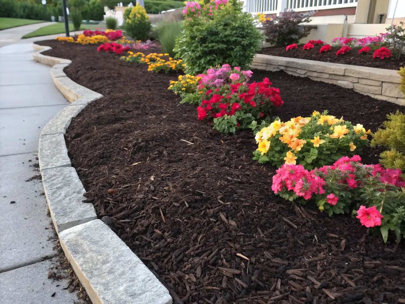A vibrant garden bed with fresh mulch and thriving plants, illustrating the benefits of fertilizing and mulching services.