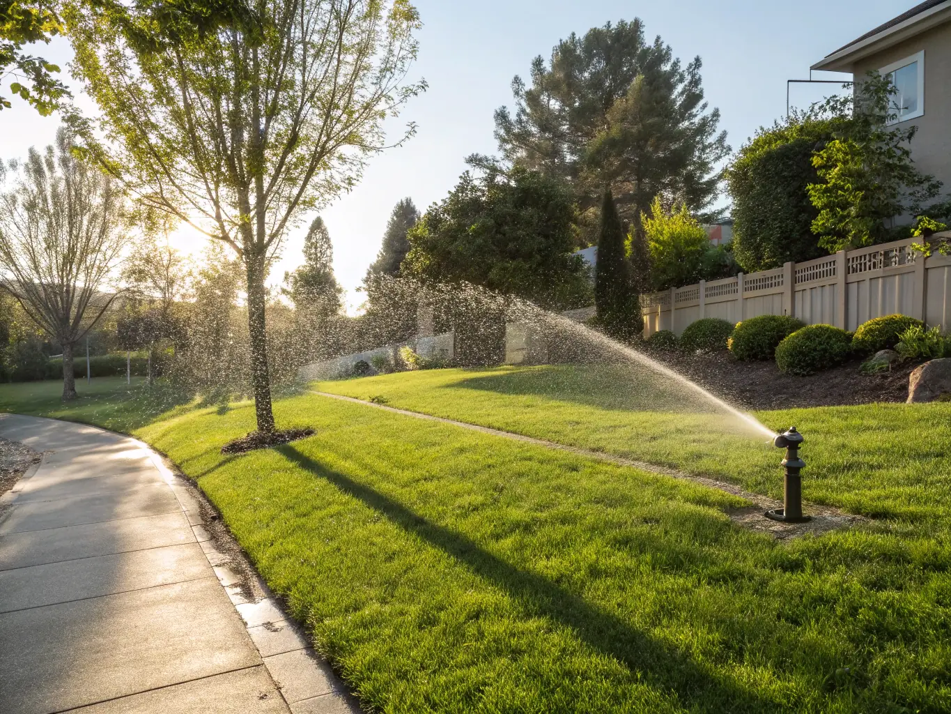 A newly installed irrigation system watering a lush green lawn, demonstrating efficient water usage and healthy plant growth.