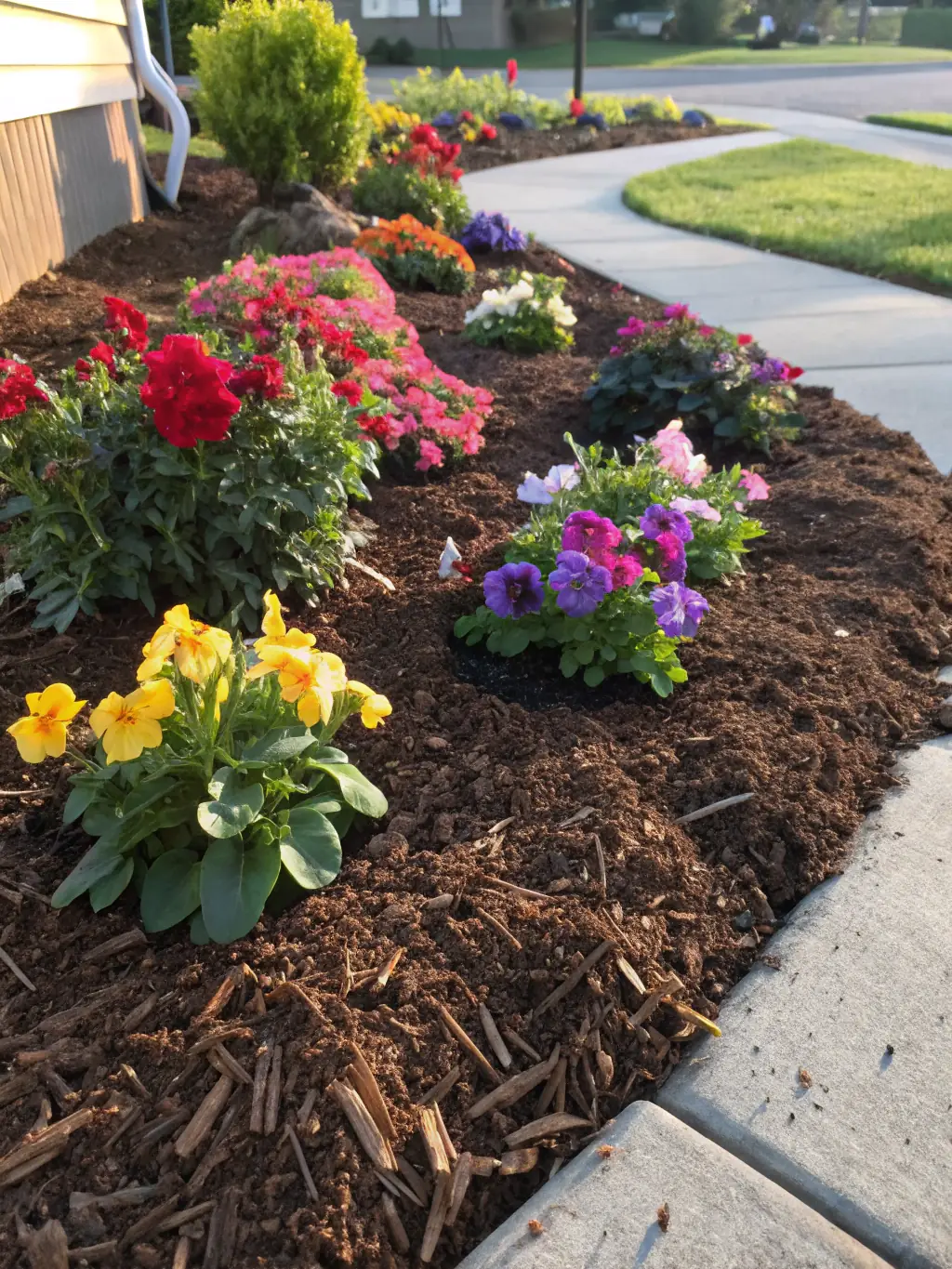 A gardener applying fertilizer and spreading mulch around plants in a landscaped yard. The setting is a residential garden in Diamond Bar, California.