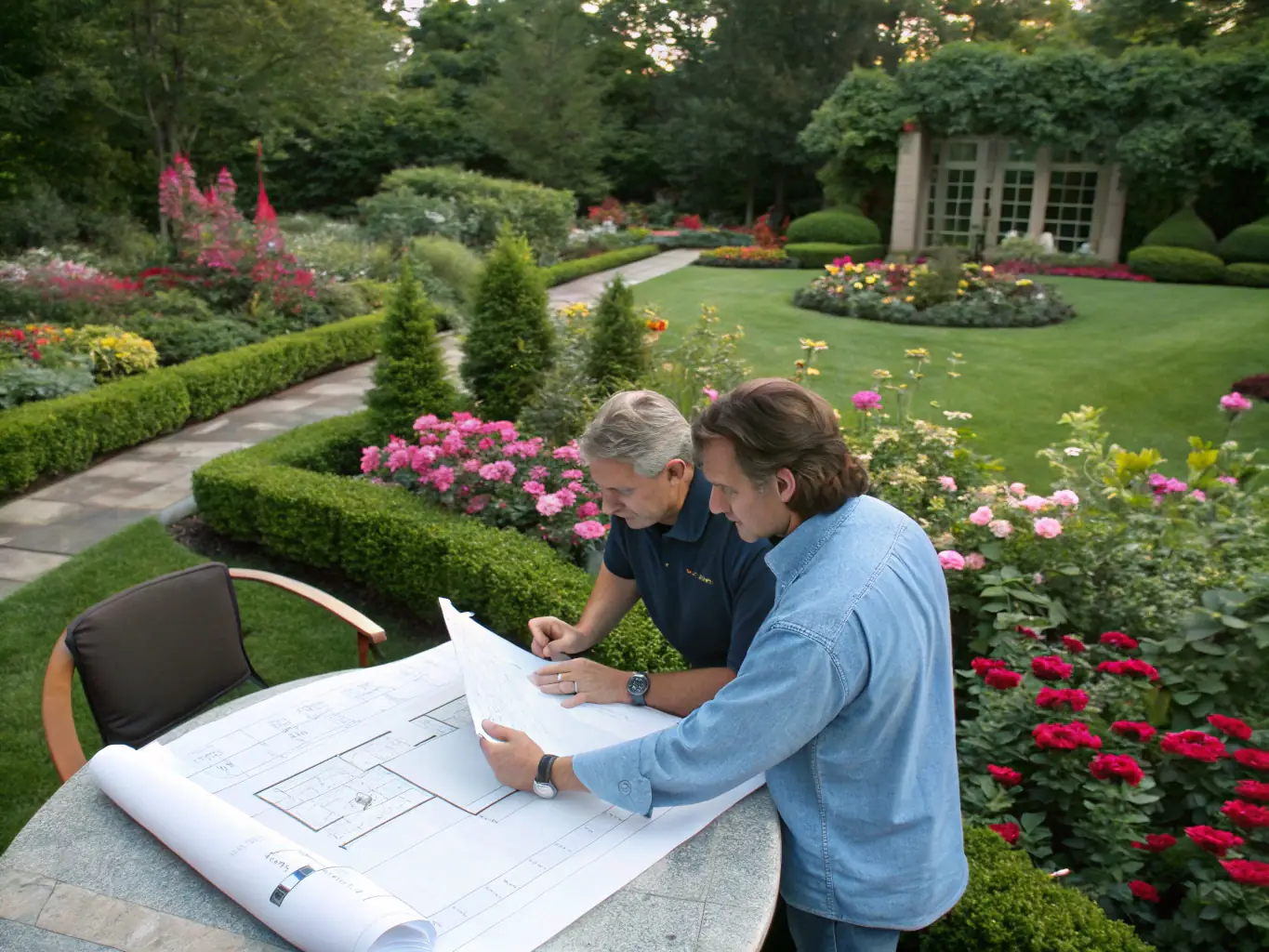 A landscaper from Sakuralandscapingco.com interacting with a satisfied customer in their well-maintained yard, emphasizing the company's commitment to customer satisfaction.