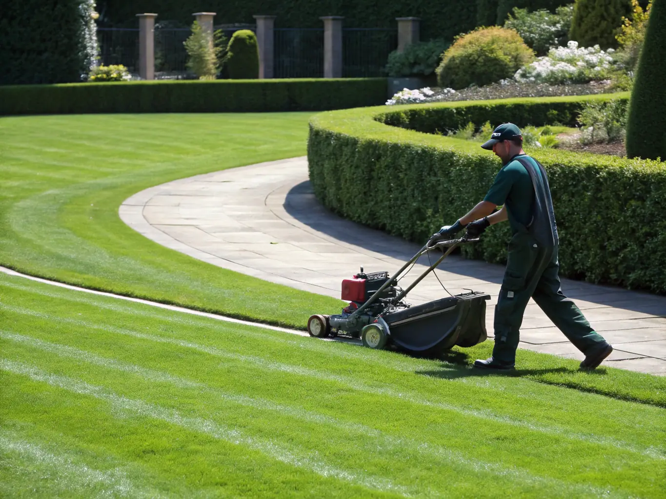 A lush green lawn being expertly mowed by a Sakuralandscapingco.com professional, showcasing precision and care.