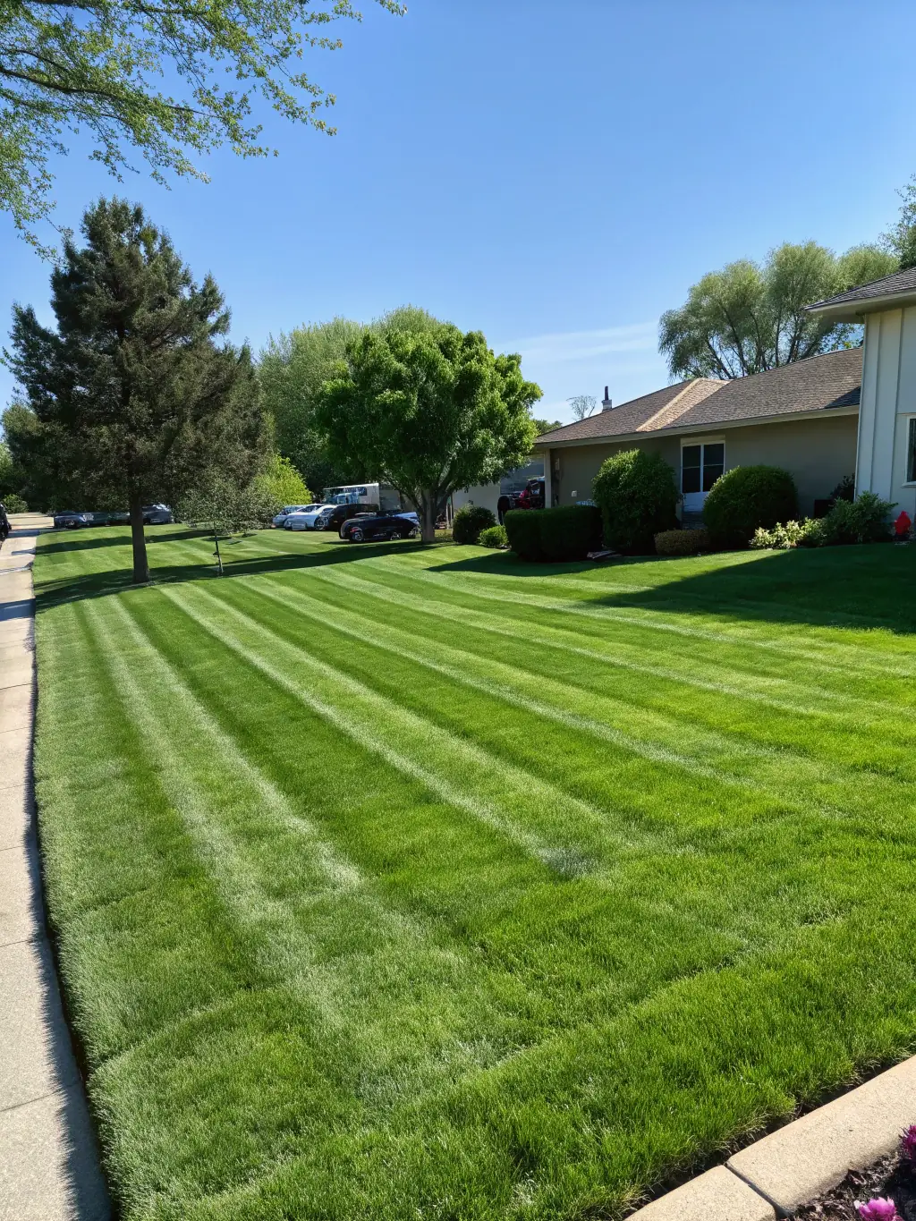 A professional landscaper mowing a vibrant green lawn with a modern mower, showcasing a well-maintained yard. The scene is set in a suburban neighborhood in Brea, California.